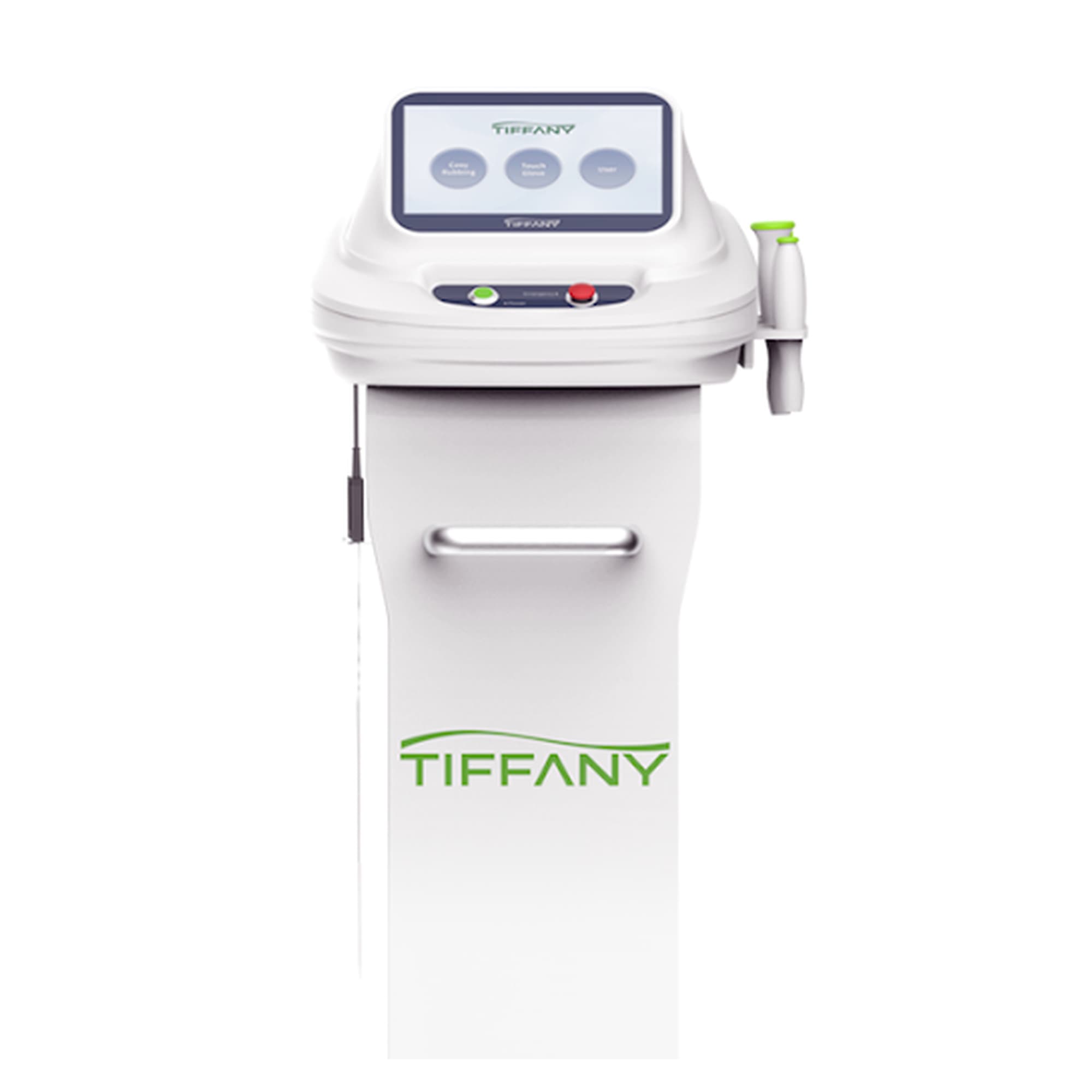 The Tiffany Multiwave console with its control screen and the handpiece in its holder